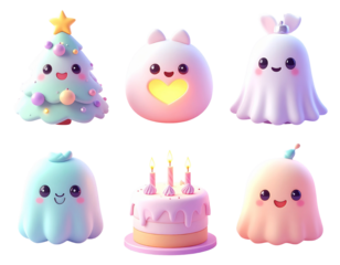 Collection of cute 3D kawaii holiday characters and celebration objects including ghosts, Christmas tree, and birthday cake.