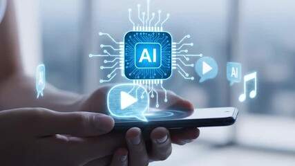 Close up of a person holding a smartphone with a glowing ai chip and digital media icons floating above the screen - Powered by Adobe