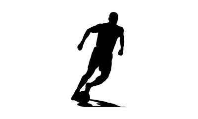 Silhouette of a soccer player dribbling the ball, captured in dynamic action on a white background.
