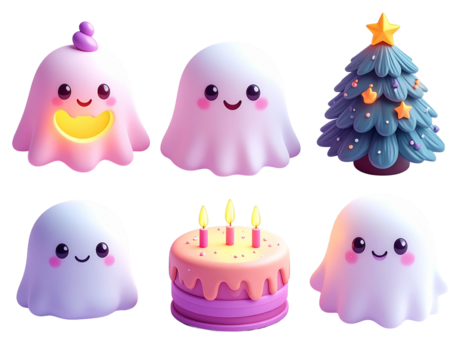 Cute 3D rendered kawaii ghost characters, Christmas tree, and birthday cake clipart on black background. - Powered by Adobe