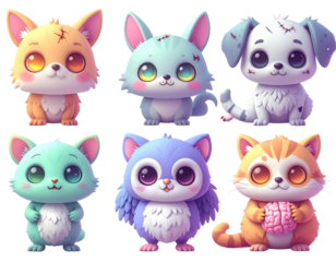 Collection of cute kawaii Halloween zombie animals in flat 3D pastel style.