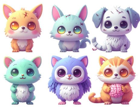 Collection of cute kawaii Halloween zombie animals in flat 3D pastel style.