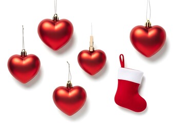 Red heart ornaments and stocking isolated on white background
