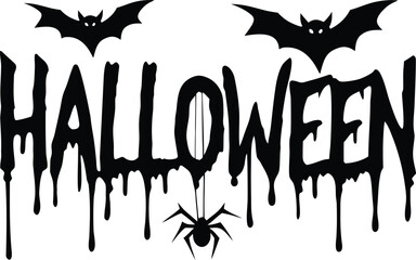 spooky halloween greeting with dripping text bats spider and web on white background
