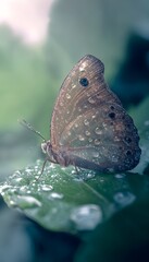 Fototapeta premium Macro shot of butterfly wings glistening with dew drops on a leaf