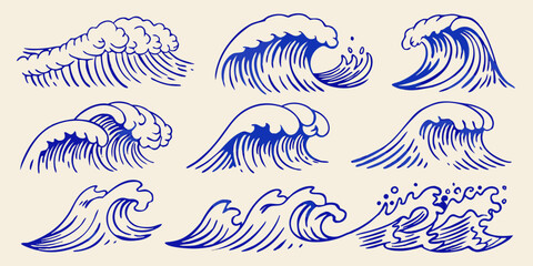 Collection of nine stylized blue wave illustrations in a japanese art style on a cream background