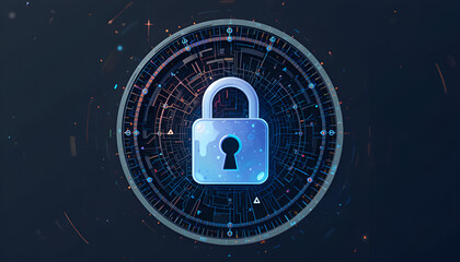 A futuristic digital padlock icon, illuminated with a vibrant blue glow, centered within a complex, circular interface displaying intricate data streams and circuitry