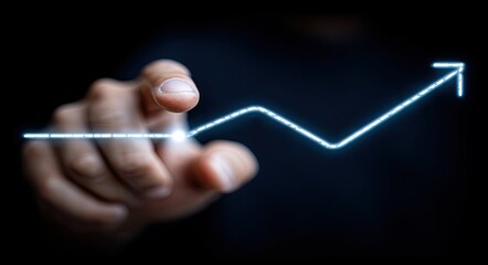 Hand points to a glowing, upward-trending line graph on dark background