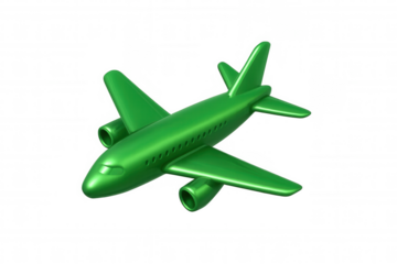 Green airplane flying high, symbolizing eco-friendly transportation, transparent backdrop for graphic design versatility