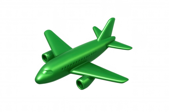 Green airplane flying high, symbolizing eco-friendly transportation, transparent backdrop for graphic design versatility - Powered by Adobe