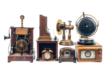 Retro styled telephones and gramophone isolated for vintage technology concept.