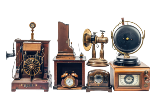 Retro styled telephones and gramophone isolated for vintage technology concept.