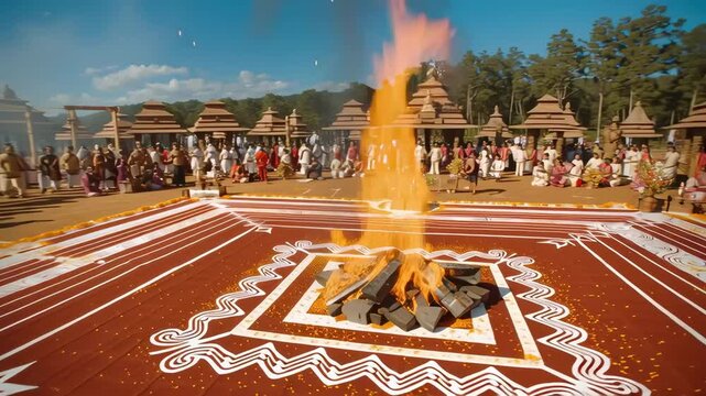 Sacred Yajna Ritual with Fire Altar in Open Ground