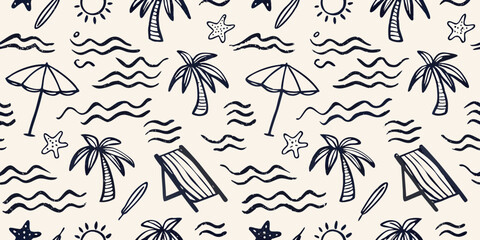 Hand drawn beach holiday seamless pattern with palm trees umbrellas and waves