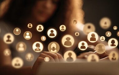Close-up of hands on a device, surrounded by floating profile icons