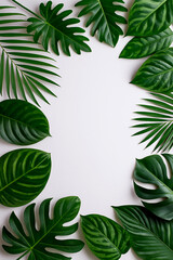 Vertical frame of tropical leaves including monstera, palm leaves and other lush greenery frame a white background. For summer, vacation and nature themed designs, product mockups and text overlays