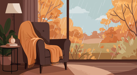 Dark brown armchair with orange throw blanket.