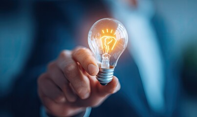 Hand holding incandescent lightbulb with glowing filament and question mark symbol