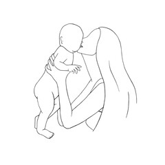 Mom kiss her baby. Mother picked up child in her arms. Graphic vector illustration, sketch line art style. About motherhood, Mother Day. For postcards, parenthood articles, packaging children product