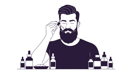 Stylish bearded man meticulously applying beard oil with a dropper surrounded by grooming products for a well maintained facial hair aesthetic