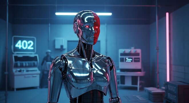 Futuristic Android in Neon-Lit Lab - A Glimpse into Tomorrows Technology.