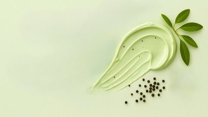 Obraz premium Green skincare gel swirl with leaves on white background