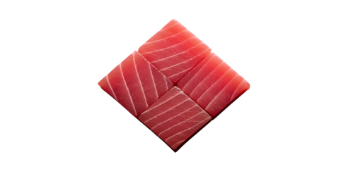 Four square pieces of raw red tuna fish arranged in a diamond shape on a white background sashimi isolated on a transparent background