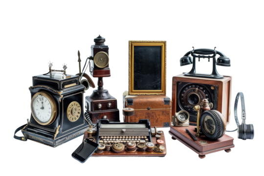 Group of antique objects including rotary phones and gramophone symbolizing culture.