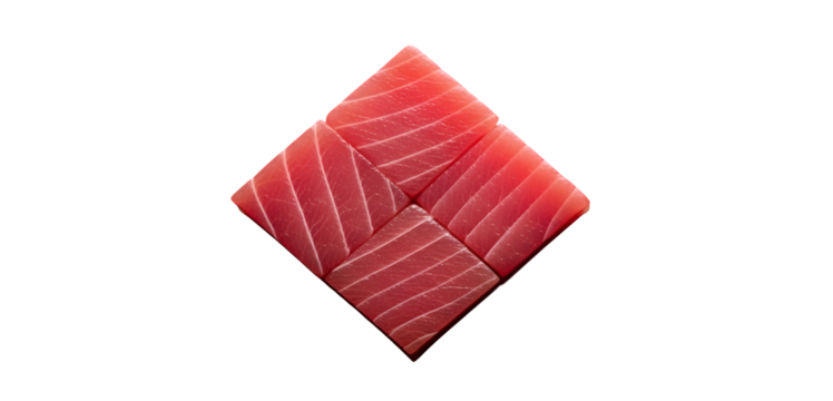 Four square pieces of raw red tuna fish arranged in a diamond shape on a white background sashimi isolated on a transparent background