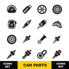 Obraz premium Set of black car part icons including speedometer wheel spark plug and more