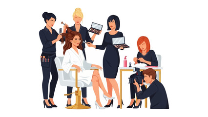 Diverse team of professional hairstylists and beauty salon staff collaborating on client hair and makeup services in a modern salon setting