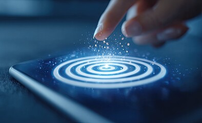 A hand touches a glowing target on a tablet screen