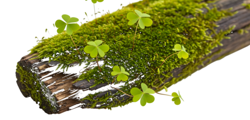 Moss Covered Log with Small Green Clover Plants Growing wood isolated on a transparent background