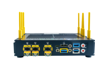 Wireless internet router with bright yellow antennas isolated on transparent background.