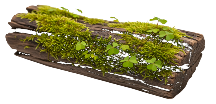 Old weathered wood log covered in vibrant green moss and small clover leaves on a white background isolated on a transparent background