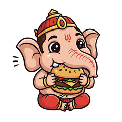 Cartoon Ganesha Eating a Burger Illustration