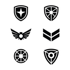 Six black tactical shield and emblem icons on white background badge military logo ideas