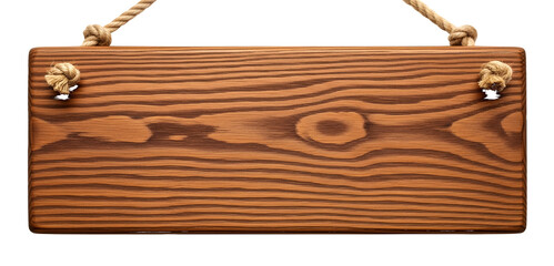 Fototapeta premium Rustic Wooden Plank Sign with Knotted Rope Hangers Close Up board isolated on a transparent background