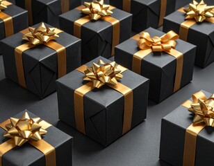 Obraz premium Isometric Black Gift Boxes with Golden Bows
