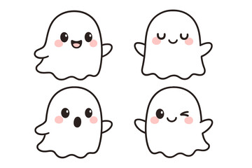 Set of cute kawaii ghosts for Halloween. Vector cartoon illustration collection of spooky phantom characters with various happy, surprised and funny facial expressions.