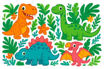 Cute cartoon dinosaurs set. Funny baby dino characters in tropical jungle. Prehistoric animals vector illustration for kids. T-rex, brontosaurus, stegosaurus, pterodactyl.