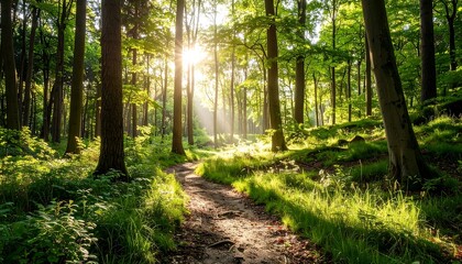 Obraz premium Sunlight streams through a lush forest path (3)