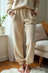 Relaxed Comfort Cozy Knit Pants Perfect for Lounging at Home. Ideal for weekend relaxation, quiet evenings in, or light housework. Soft, versatile drawstring pants in a comfortable style.