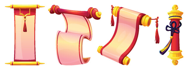 Fototapeta na wymiar Ancient Chinese scroll set - red golden royal paper rolls with knots, tassels and traditional ornamental patterns. Isolated blank parchment sheets curled at edges, old manuscript banners or posters.