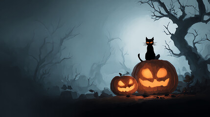 A spooky Halloween scene featuring glowing pumpkins and a black cat in a misty forest