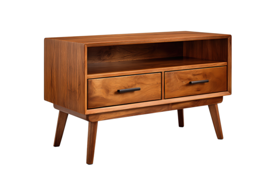 Mid-century walnut TV console with two drawers, open shelf, tapered legs, and matte black pulls, isolated on transparent background.
