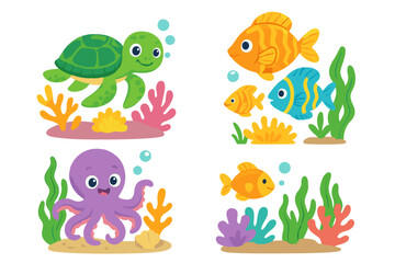 Naklejka premium Cute sea animals cartoon character set. Vector collection of marine life. Funny turtle, fish, octopus, coral underwater illustrations for kids. Isolated aquatic icons.