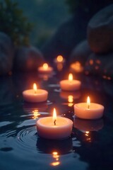Enchanting floating candles illuminate a serene water scene, creating a magical and peaceful ambiance Perfect for spa, relaxation, meditation, and spiritual themes , serene, relaxing scene