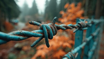 Rusty barbed wire fence in autumn forest