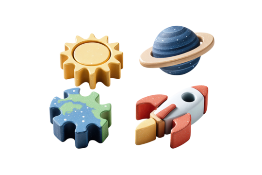 Colorful interlocking puzzle with space theme: bright sun, ringed planet, shooting comet, and rocket, designed for education, isolated on transparent background.
